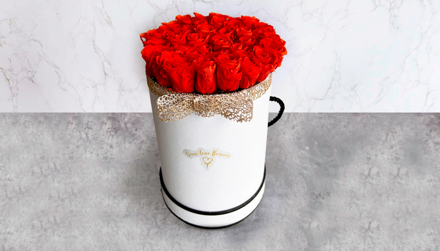 White Round box with eternity roses