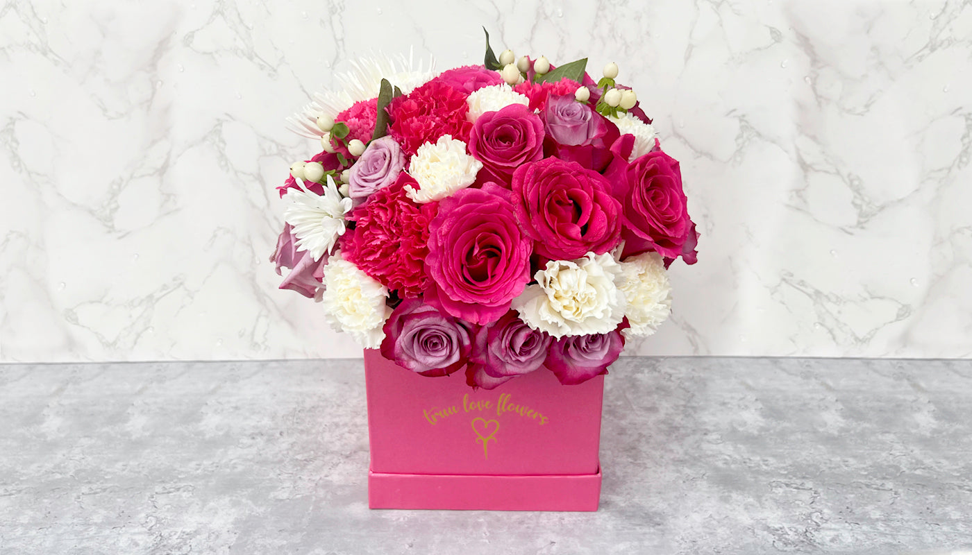 Big Hot Pink Square Box & Mix of Flowers