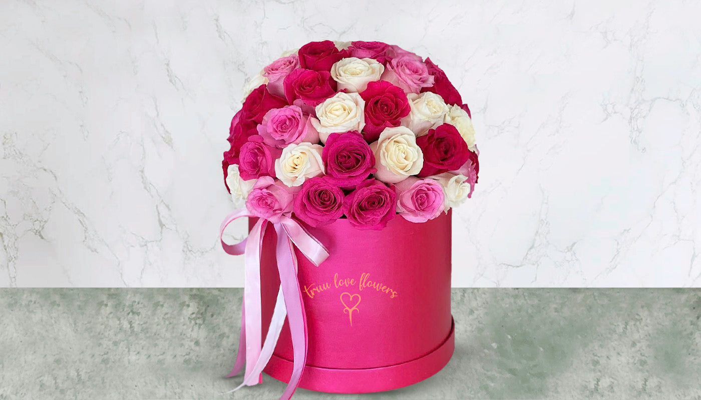 Mix Roses & HotPink Box with ribbon