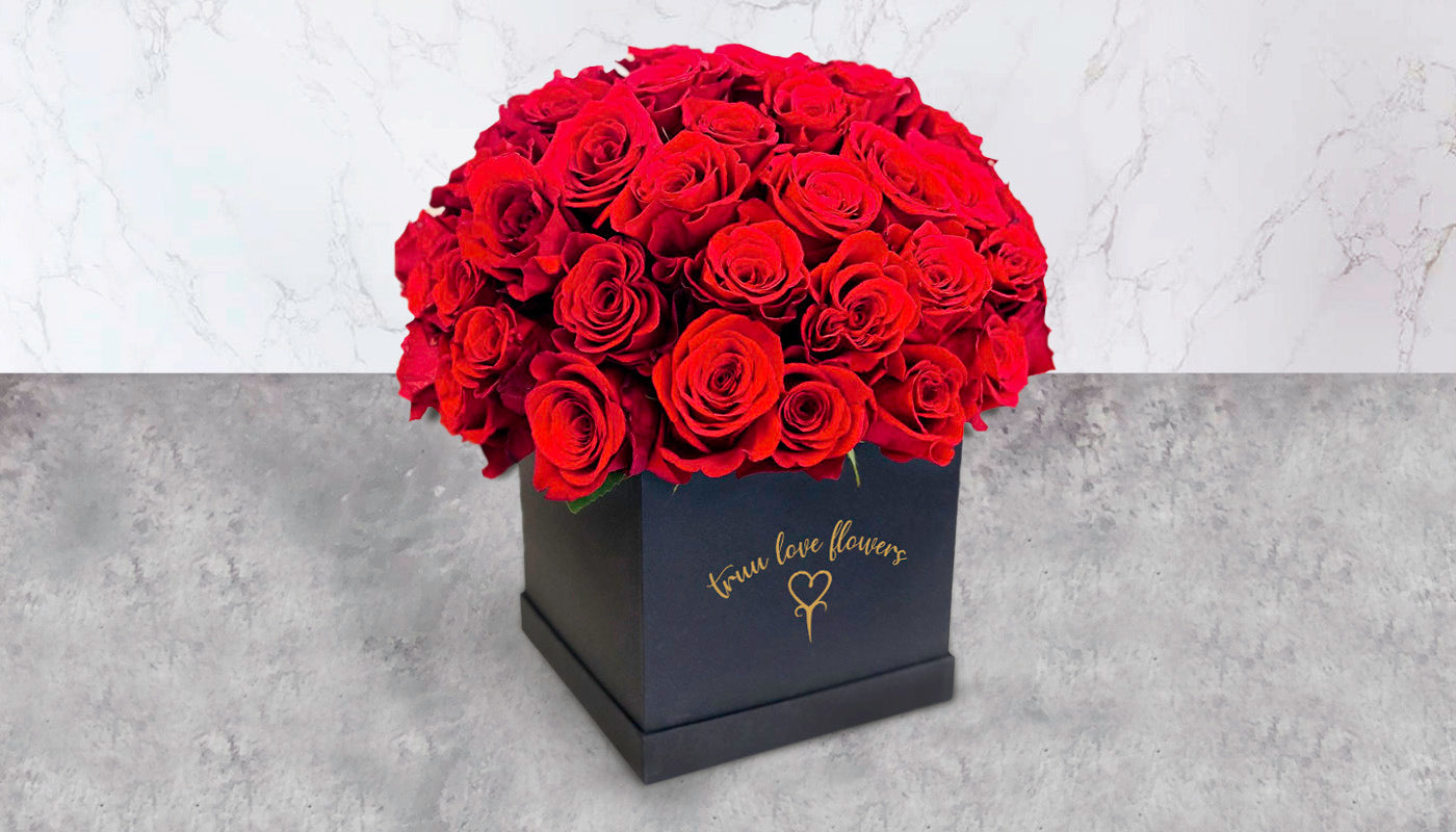 Square black box & red roses