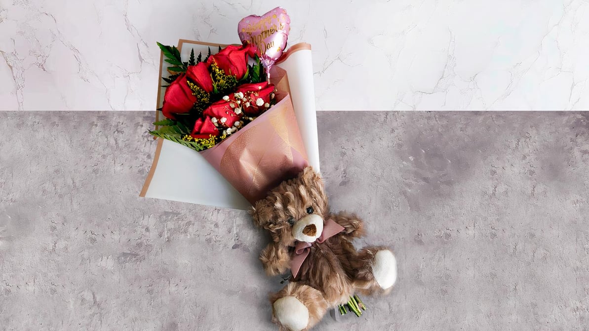 Flower bunch with teddy bear