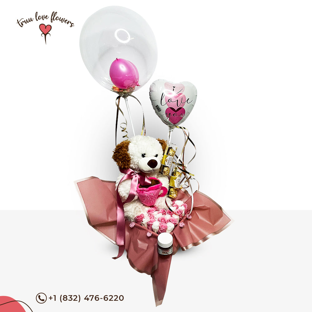 Basket with teddy bear and eternity roses ~ Caja con peluche y rosas eternas.