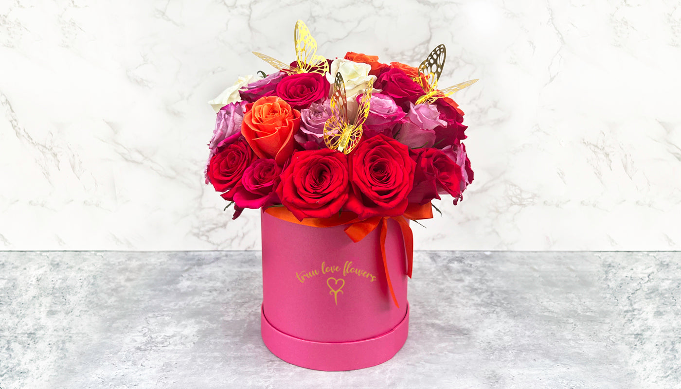 Beautiful 50 Roses & Hot Pink Box and butterflies