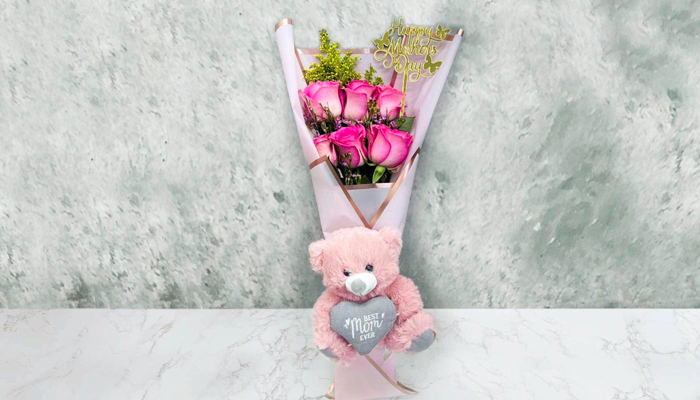 8 Pink Roses Flower bunch with teddy bear