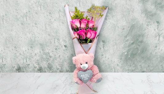 8 Pink Roses Flower bunch with teddy bear