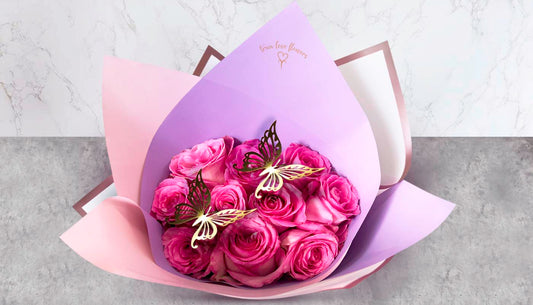 Long Stem Roses Bunch with floral paper & ribbon and butterflies