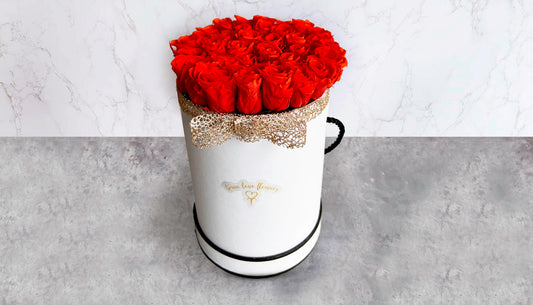 White Round box with eternity roses