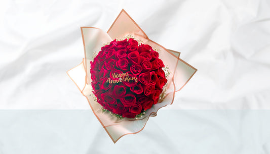 Red roses wrapped with colored floral paper & Occasion topper #1