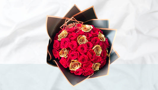 Red & Gold Roses with occasion topper