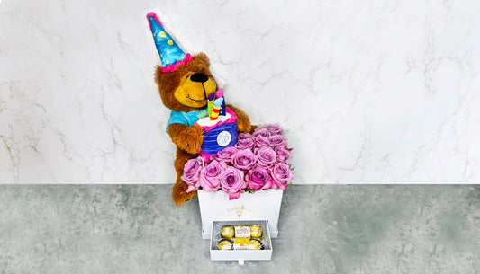 Big white flower box & happy birthday teddy bear.