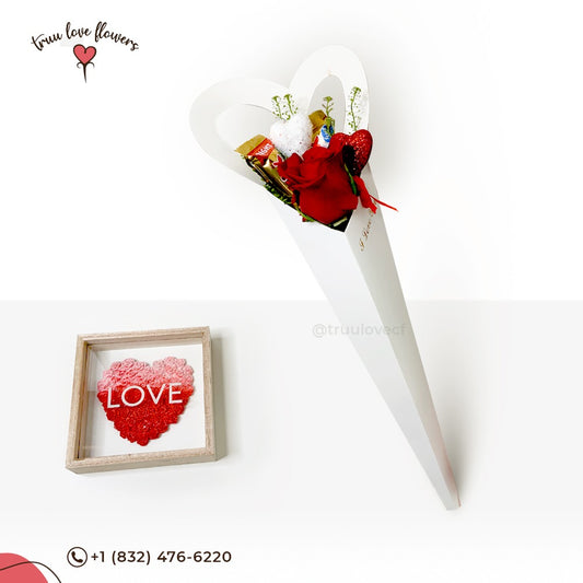 White Heart Shape Flower bunch and candies ~ Ramillete blanco con flores y dulces