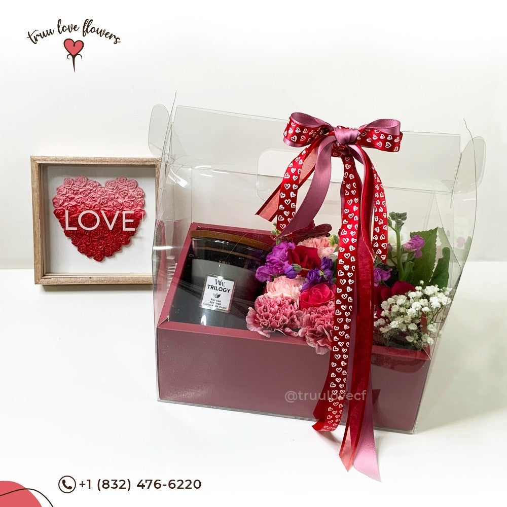Red Gift Box With Candle and Flowers ~ Caja roja de regalo con vela y flores
