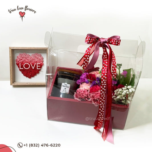 Red Gift Box With Candle and Flowers ~ Caja roja de regalo con vela y flores