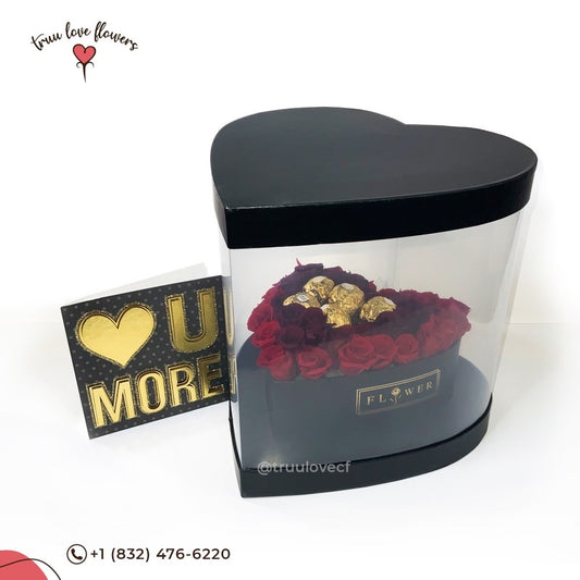 Black Heart-Shape Box with Chocolate & Eternal Roses ~ Caja de corazon negra con rosas eternas y chocolates