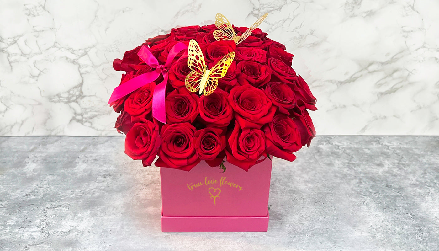 Big Pink Square Box & 50 Roses
