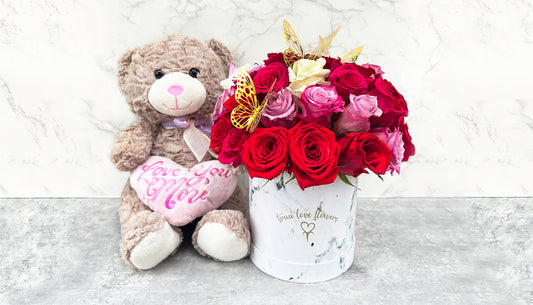 Teddy bear & 50 Roses in marble box