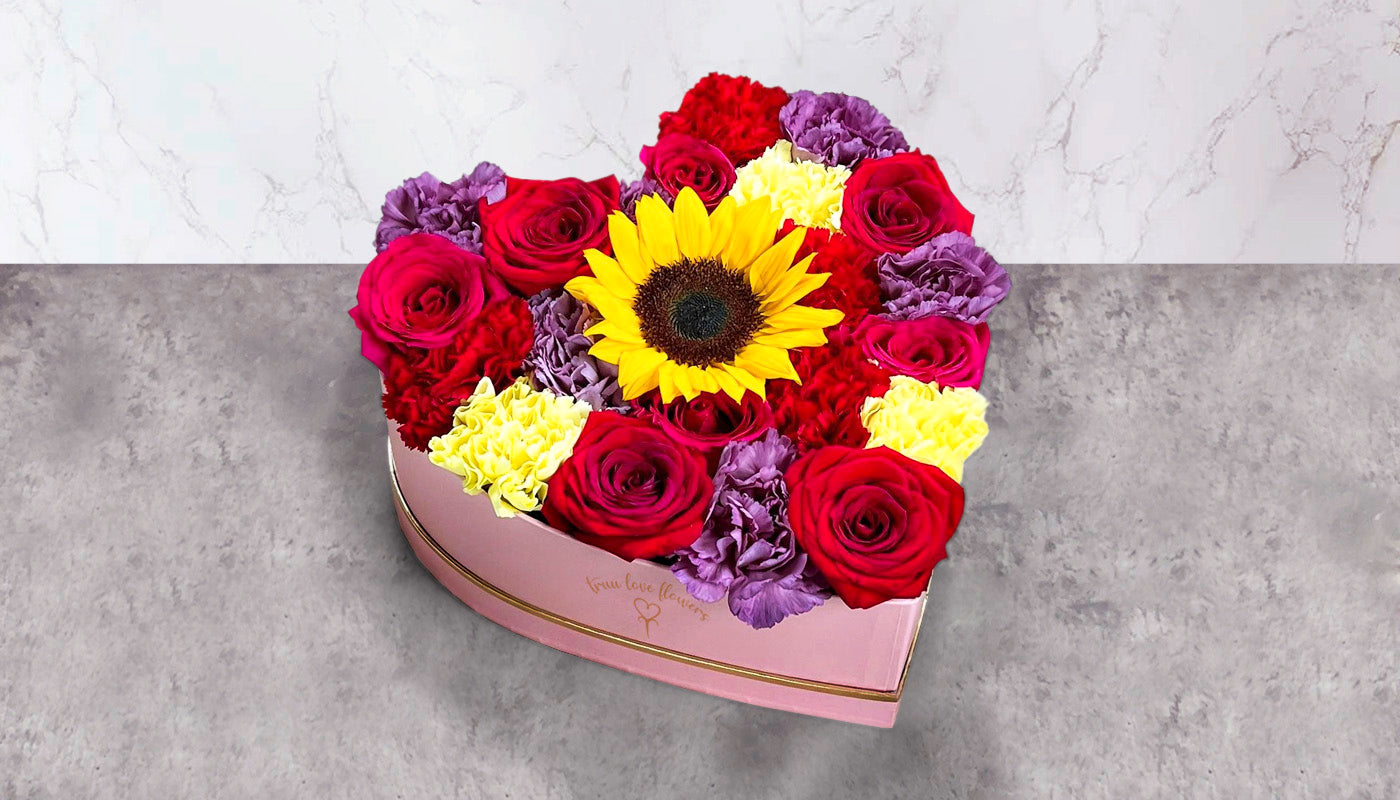 Pink-Heart Box with mix  flowers & Sunflower