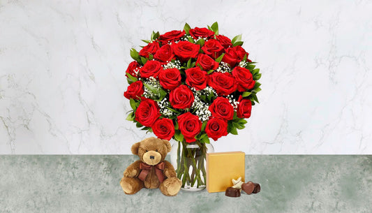 Roses & Bear & Chocolates in Glass Base