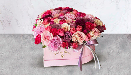 Pink-Heart Box with mix of flowers