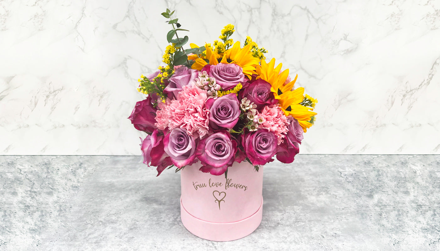 Pink Round Box Mix Flowers 5x5