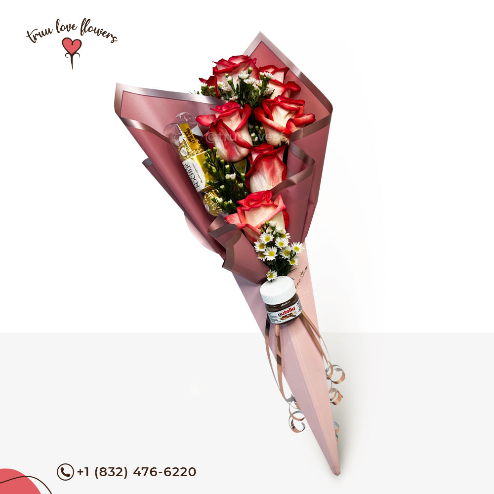 6 Roses and candies flower bunch ~ Ramillete de 6 Rosas con dulces