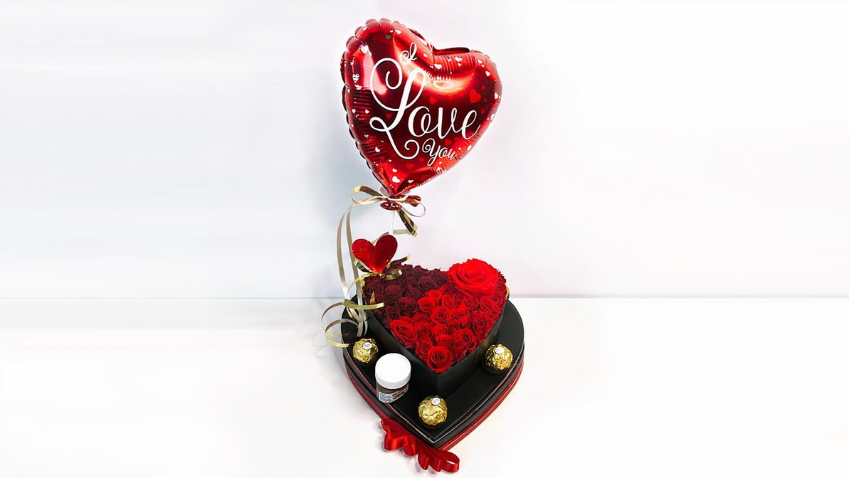 Eternity roses Black heart box, ballon and candies ~ Caja negra de corazon con rosas eternas