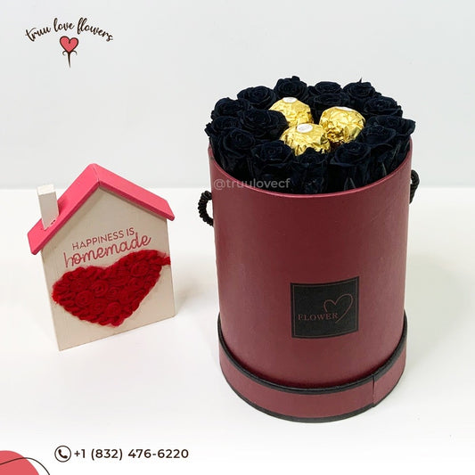 Red Round Box with Chocolate and Black Eternity Flowers ~ Caja redonda roja con chocolate y rosas eternas negras