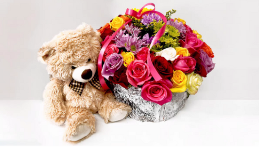 Wood Case of roses with teddy bear